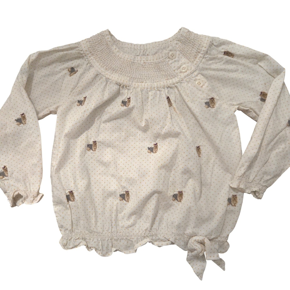 Janie‎ and Jack Girls 2T Cream Polka Dot Yorkie Dog Embroidered Smocked Blouse